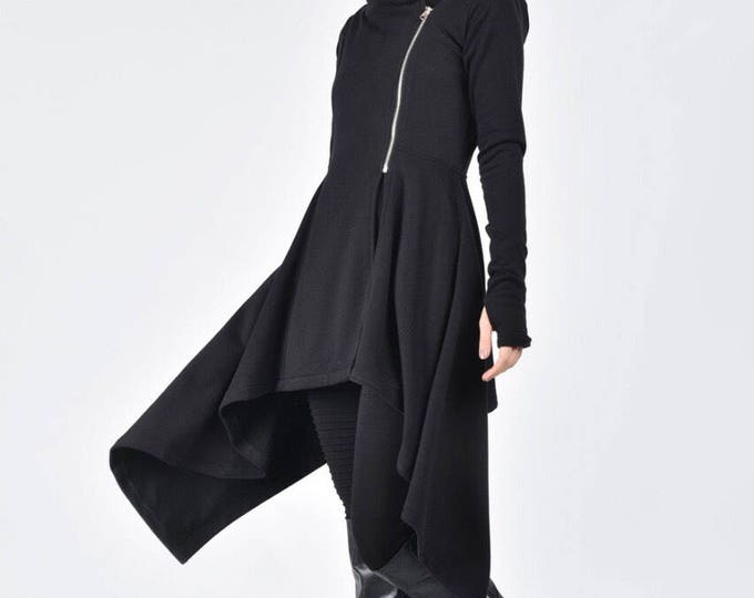 NEW Lined Asymmetric Extravagant Peplum Black Hooded Coat / Fitted Sexy Cotton Jacket / Long Sleeves Thumb Holes A08631
