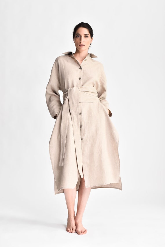 Linen Shirt Midi Dress, Plus Size Kimono Wrap Tunic