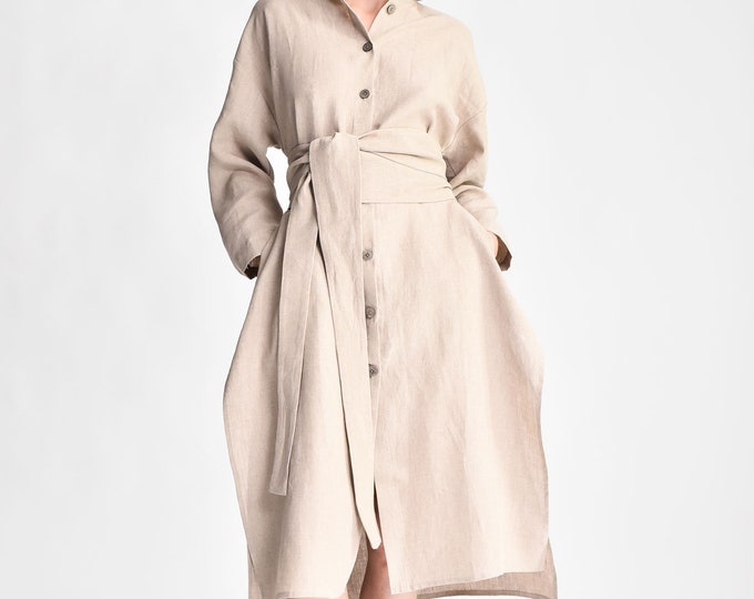 Linen Shirt Midi Dress, Plus Size Kimono Wrap Tunic