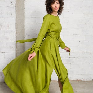 Wrap Linen Maxi Dress with Belt, Summer Slit Dress ,Long Sleeves