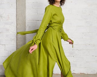 Wrap Linen Maxi Dress with Belt, Summer Slit Dress ,Long Sleeves