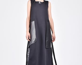 Summer Maxi Dress , Black Leather Side Pockets Dress, Loose Maxi Cotton Dress with big leather pockets Handmade by Aakasha  A03374