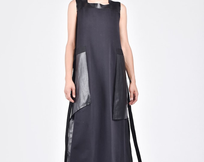 Summer Maxi Dress , Black Leather Side Pockets Dress, Loose Maxi Cotton Dress with big leather pockets Handmade by Aakasha  A03374