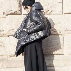 NEW Winter Warm Asymmetric Extravagant Black Coat / Waterproof Windproof Quilted Hooded Coat Side Pockes by Aakasha A07554 image 1