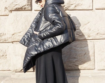 NEW Winter Warm Asymmetric Extravagant Black Coat / Waterproof Windproof Quilted Hooded Coat Side Pockes by Aakasha A07554