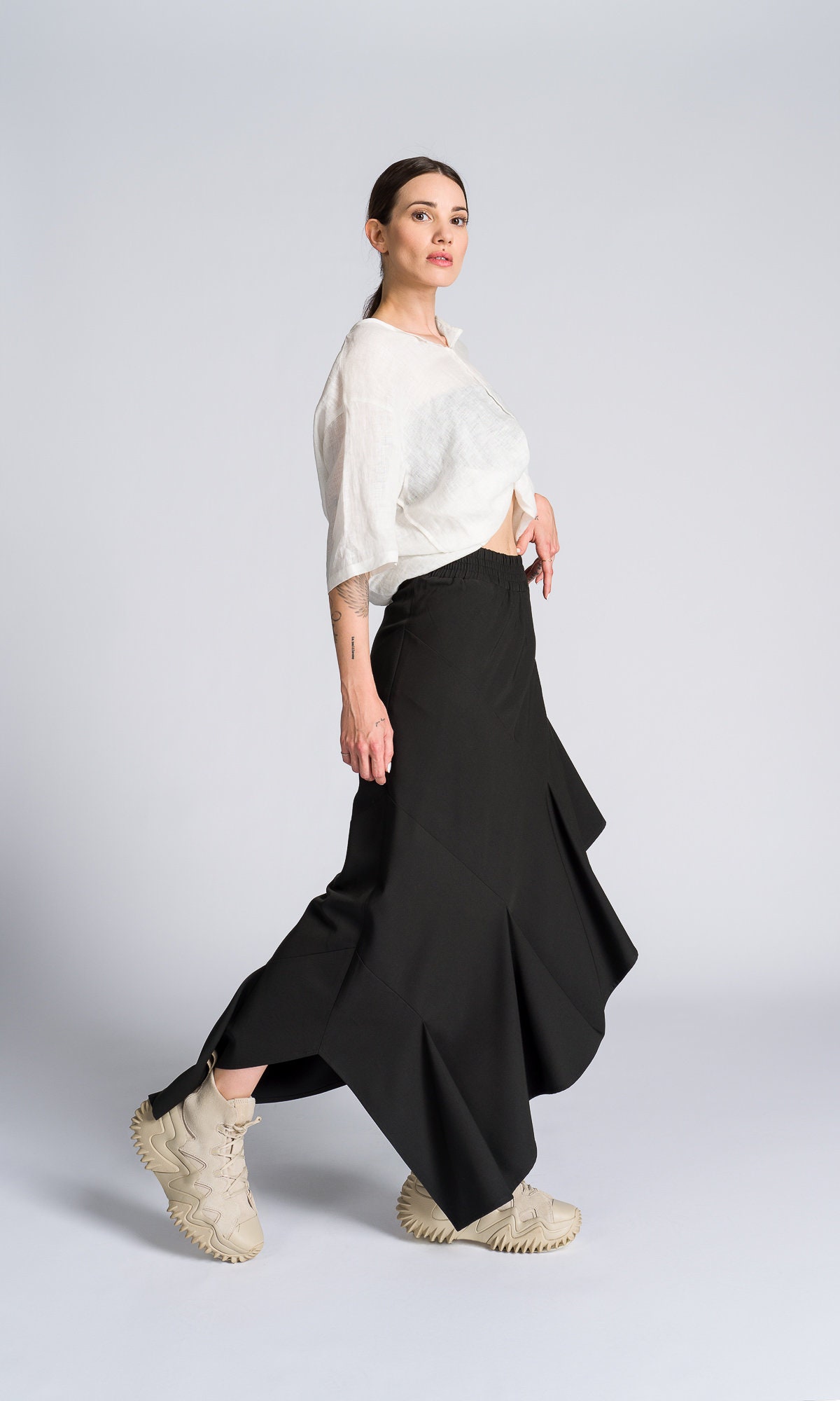 【as\"on】25ss MOA FRILL SKIRT Washed Ashore Ruffled Maxi Skirt - Olive | Three Bird Nest