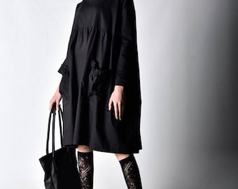 Handmade Cotton Midi Black Dress, Long Sleeve Pocket A-Line