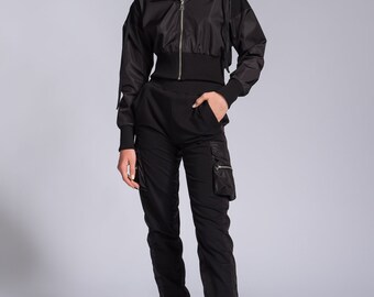 ジッパー付きカーゴポケット付きミックスファブリックジョガーパンツ