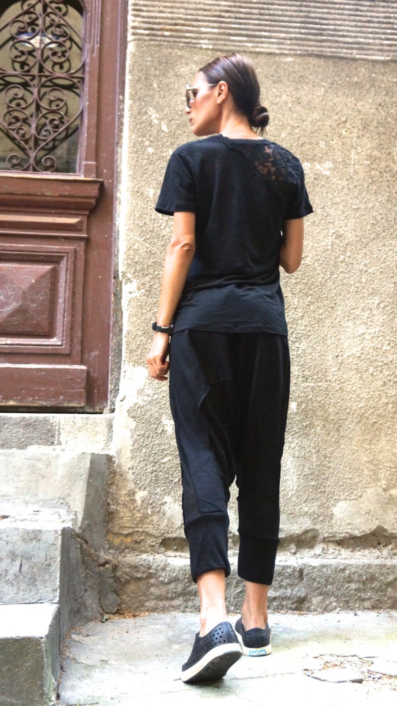 NEW Loose Casual Black Drop Crotch Linen Knit Harem Pants / Extravagant Black Pants by AAKASHA A05167 image 4