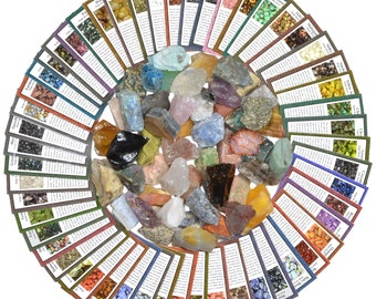 May include: A collection of 30 different types of raw, unpolished gemstones, including amethyst, rose quartz, and clear quartz. Each gemstone is labeled with its name and a description of its properties. The gemstones are arranged in a circle around a central pile of larger, unlabeled gemstones.