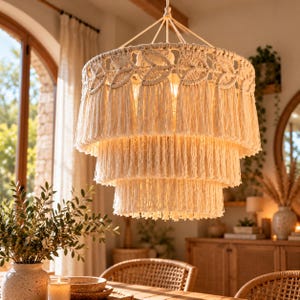 Macrame Pendant Lampshade, Boho Leaf Pattern Light Shade, Layered Tassel Chandelier Cover, Cotton Ceiling Lamp Shade, Dining Room Decor