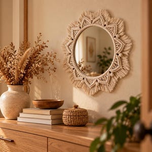 May include: A round wall mirror framed by intricate off-white macrame cord arranged in a sunburst pattern with knotted details and a fringed edge. The mirror features a circular glass center surrounded by a decorative woven textile border.