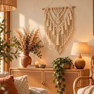 Op de afbeelding: Een crèmekleurige macramé wandhanger met ingewikkelde knooppatronen, hangende kwastjes en een houten stok. Het stuk hangt aan een wit koord tegen een muur en heeft een V-vormig ontwerp met meerdere lagen franjes.