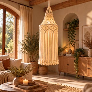 May include: A cream-colored macrame pendant light fixture featuring intricate knotted patterns at the top and long, flowing fringe strands that hang vertically, creating a textured cylindrical shape around a central light source.