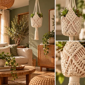 May include: A cream-coloured macrame plant hanger featuring intricate knotted patterns and a long tassel at the bottom. The hanger holds a small pot containing green succulent plants, suspended by thick cords from the ceiling.