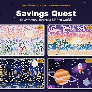 Gamified Savings Tracker, Pixel Art Money Goal Spreadsheet, Google Sheets & Excel Challenge, 4 Worlds