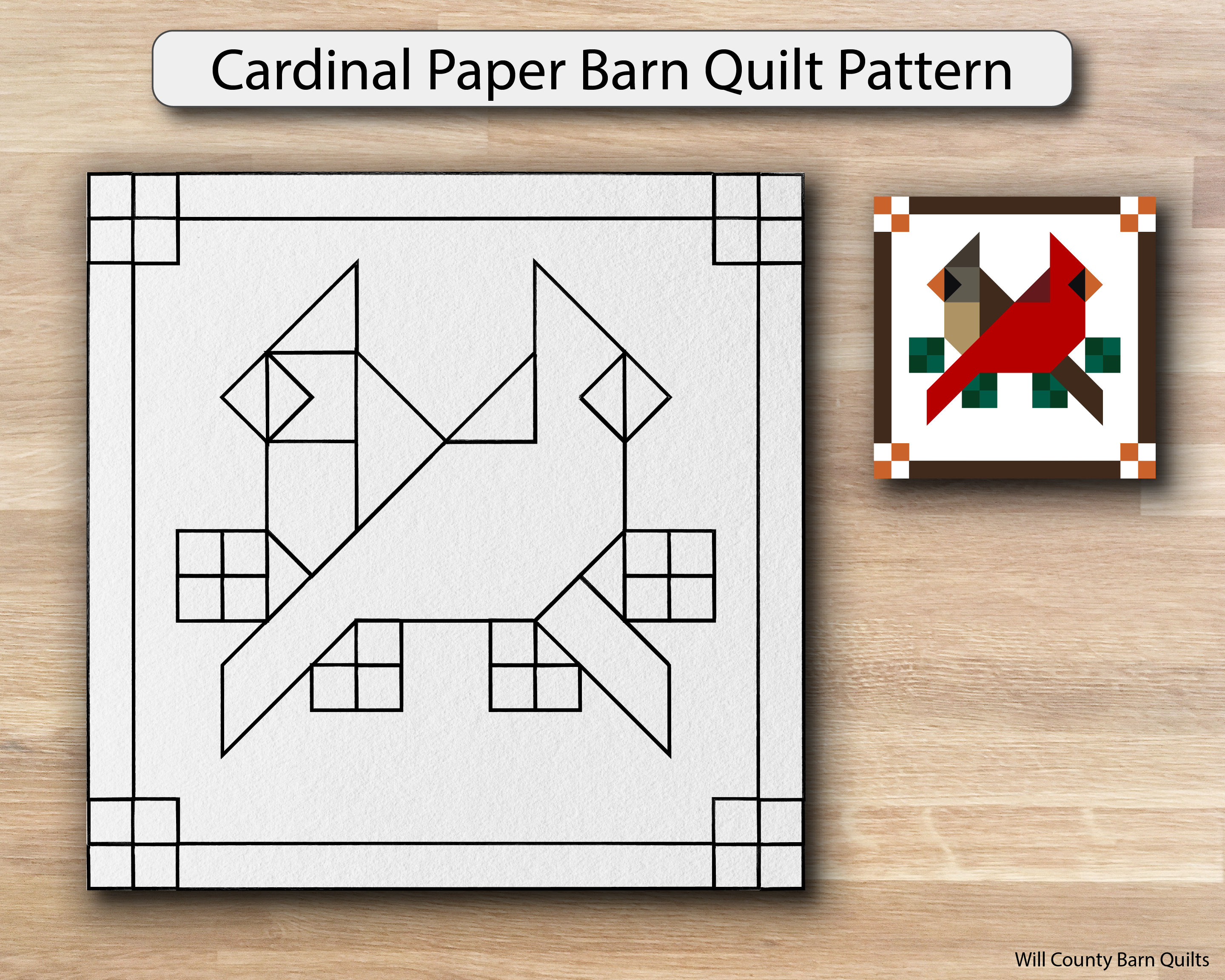 Cardinal Paper Printed Barn Quilt Pattern (Sizes)