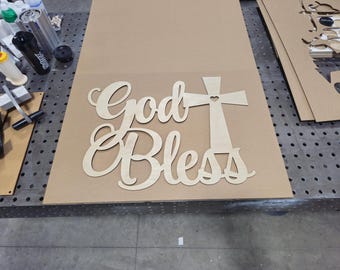 God Bless Wood Sign with Cross - Laser Cut Wall Decor - Religious Party Backdrop Decor