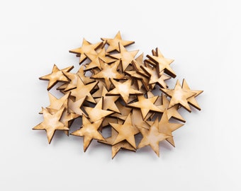 50pcs - 1-1/2in Rustic/Burned Wood Stars, 1/8in thick, Wooden Stars- DIY Craft Supplies 25mm for Flag Making