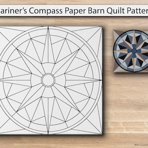 May include: A black and white line drawing of a Mariner's Compass Paper Barn Quilt pattern. The pattern is a star with eight points, surrounded by a circle. The quilt pattern is shown on a wood background.