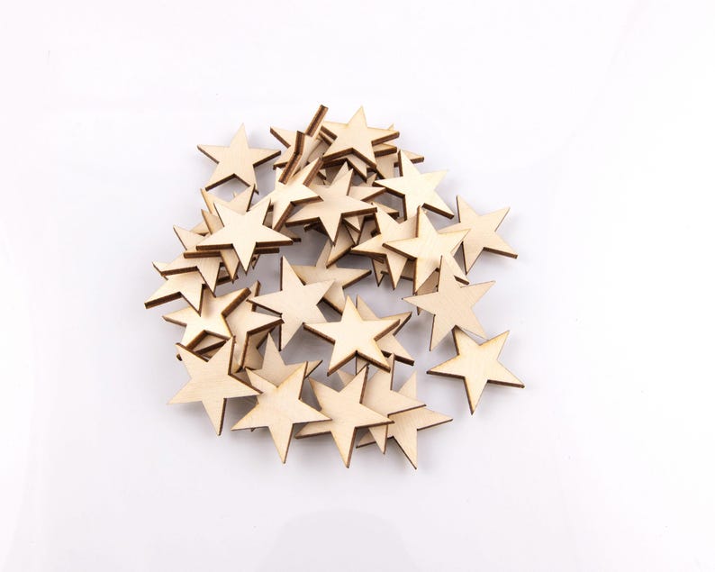A pile of wood stars on a white background.