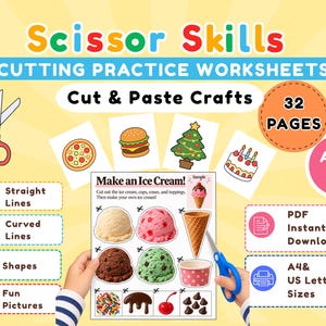 May include: Scissor Skills Cutting Practice Worksheets featuring 32 pages for ages 3-5. Includes cut and paste crafts with ice cream, pizza, burger, and cake graphics. Features straight lines, curved lines, shapes, and fun pictures in PDF format.