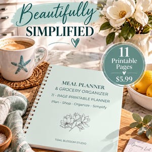 May include: A light green spiral-bound meal planner and grocery organizer with a floral illustration and the text Tidal Blossom Studio. The cover reads Meal Planner & Grocery Organizer 11-Page Printable Planner Plan-Shop-Organize-Simplify.