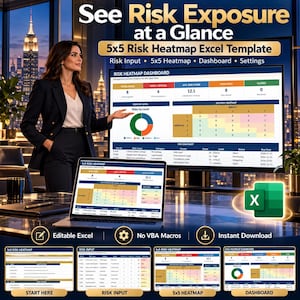 May include: A 5x5 Risk Heatmap Excel template displayed on a laptop and monitor screen. The dashboard features risk metrics, a colour-coded heatmap, and a risk snapshot table. Includes sections for risk input, heatmap, dashboard, and settings.