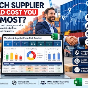 Op de afbeelding: Een laptop met een Excel-dashboard voor het volgen van leveranciers- en supply chain-risico's met grafieken en tabellen. Het scherm toont statistieken zoals het totaal aantal leveranciers en risiconiveaus. Tekst bevat 'WHICH SUPPLIER COULD COST YOU THE MOST?'.