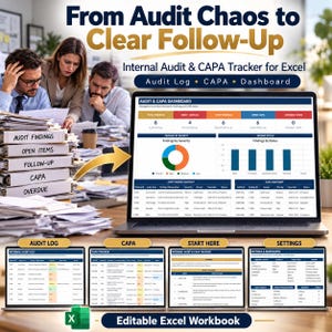May include: An Internal Audit and CAPA Tracker for Excel featuring an Audit and CAPA Dashboard, Audit Log, and Settings tabs. The digital interface displays charts, tables, and data tracking metrics for audit findings and corrective actions.