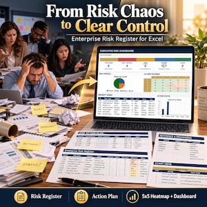May include: A digital product titled From Risk Chaos to Clear Control Enterprise Risk Register for Excel, featuring an executive risk dashboard on a laptop screen, printed risk action plans, and a risk register document with a pen.