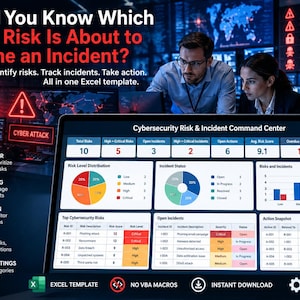 Op de afbeelding: Een digitaal Excel-sjabloon voor een Cybersecurity Risk & Incident Command Center weergegeven op een scherm. Het dashboard bevat tabellen, cirkeldiagrammen en staafdiagrammen voor het bijhouden van risiconiveaus en incidenten.
