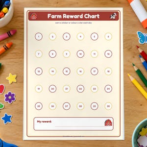 Op de afbeelding: Een rechthoekige Farm Reward Chart op crèmekleurig papier met een donkerrode koptekst met een icoon van een schuur en een koe. De kaart bevat dertig genummerde cirkels voor dagelijkse bijhouding en een sectie onderaan genaamd My reward.