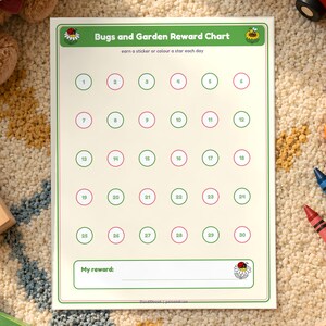 Op de afbeelding: Een Bugs and Garden beloningskaart op wit papier met een groene koptekst met een lieveheersbeestje en een bij. Het bevat dertig genummerde groene en roze cirkels, de tekst earn a sticker or colour a star each day en een My reward sectie.