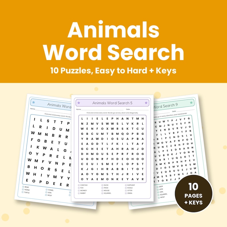 Animals Word Search Puzzles for Kids, 10 Printable Activity Pages (digital Download) - Etsy