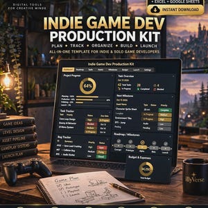 Puede incluir: Un kit de producción de juegos independientes en formato digital mostrado en una pantalla de portátil, con seguimiento de proyectos, tareas, errores y presupuesto. Incluye un cuaderno con una lista de planes, un mando y una taza.