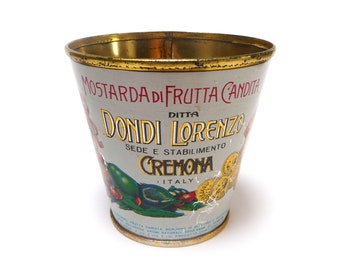 Vintage Food Metal Container, Advertising Sign, Italian Food Bucket for Candied Fruit Mustard, Food Advertising Tin - 1980s