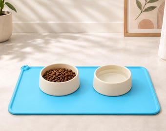Blue Silicone Pet Feeding Mat, Rectangular Dog and Cat Bowl Placemat