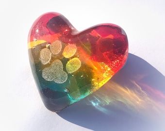 Rainbow pawprint fused glass heart