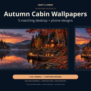 Op de afbeelding: Een digitaal behangpakket getiteld Autumn Cabin Wallpapers van Orbit & Ember. De afbeelding toont vijf bijpassende desktop- en telefoondesigns met een hut aan een meer bij zonsondergang, met een resolutie van 3840 x 2160 pixels.