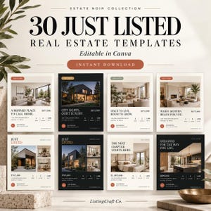 Könnte beinhalten: Eine digitale Sammlung von 30 Immobilienvorlagen mit dem Titel Estate Noir Collection, die verschiedene quadratische Layouts mit Immobilienfotos, Textfeldern für Objektdetails, Preise und Maklerinformationen enthält, alle in Canva bearbeitbar.