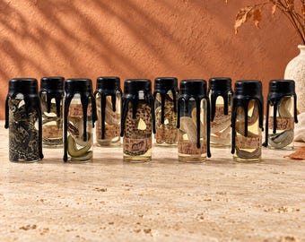 May include: A collection of ten clear glass vials, each containing a coiled snake specimen and sealed with a black wax drip stopper. The vials are arranged in a row, showcasing various snake patterns and colors preserved in liquid.