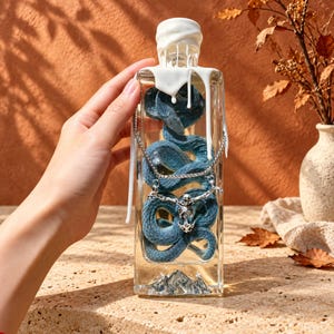 May include: A rectangular clear glass bottle containing a coiled blue snake, topped with white dripping wax. A silver-toned chain necklace with a skeleton pendant hangs around the neck of the bottle, which features a small mountain relief at the base.