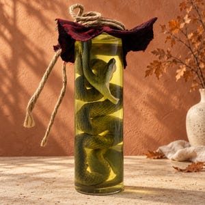 May include: A clear glass cylindrical jar filled with yellow liquid containing a preserved green snake. The jar is sealed with a dark red and black fabric cover secured by a thick, natural-colored jute twine tied in a knot at the top.