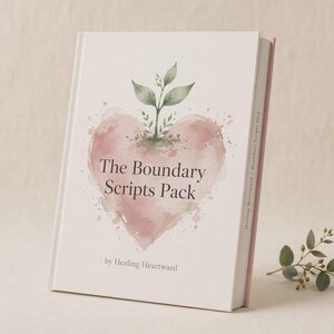Può includere: Un libro bianco intitolato The Boundary Scripts Pack di Healing Heartward, con un'illustrazione ad acquerello di un cuore rosa con una pianta verde che cresce dal centro. Il libro è posizionato in verticale con un piccolo rametto accanto.