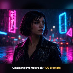 May include: A person with dark hair wearing a black leather jacket stands in a rainy city street at night. The scene is illuminated by vibrant pink and blue neon signs reflecting on the wet pavement. The text Cinematic Prompt Pack 100 prompts.