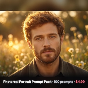 May include: A digital product titled Photoreal Portrait Prompt Pack 100 prompts featuring a portrait of a person with wavy brown hair and a beard, set against a blurred background of a sunlit field with white and yellow wildflowers.