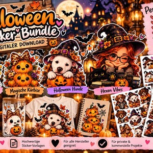 Könnte beinhalten: Ein digitales Halloween-Sticker-Bundle mit Illustrationen von Geistern, Kürbissen, Hunden und einer Hexe mit Brille. Das Set enthält Textbeschriftungen wie Halloween Sticker Bundle, Süsse Geister, Magische Kürbise, Halloween Hunde und Hexen Vibes.