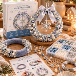 May include: A Winter Snowflake Pearl Wreath Kit featuring a box, a finished wreath with blue, white, and silver beads and a satin bow, a partially beaded wreath form, a bead organizer, wire, snowflake charms, and step-by-step instructions.