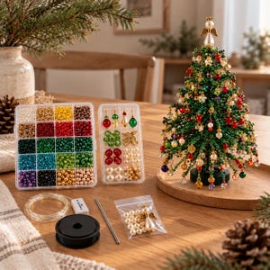 DIY Beaded Christmas Tree Kit – Blue & White Crystal Tree – Mini Tabletop Christmas Decor – Handmade Holiday Craft Kit